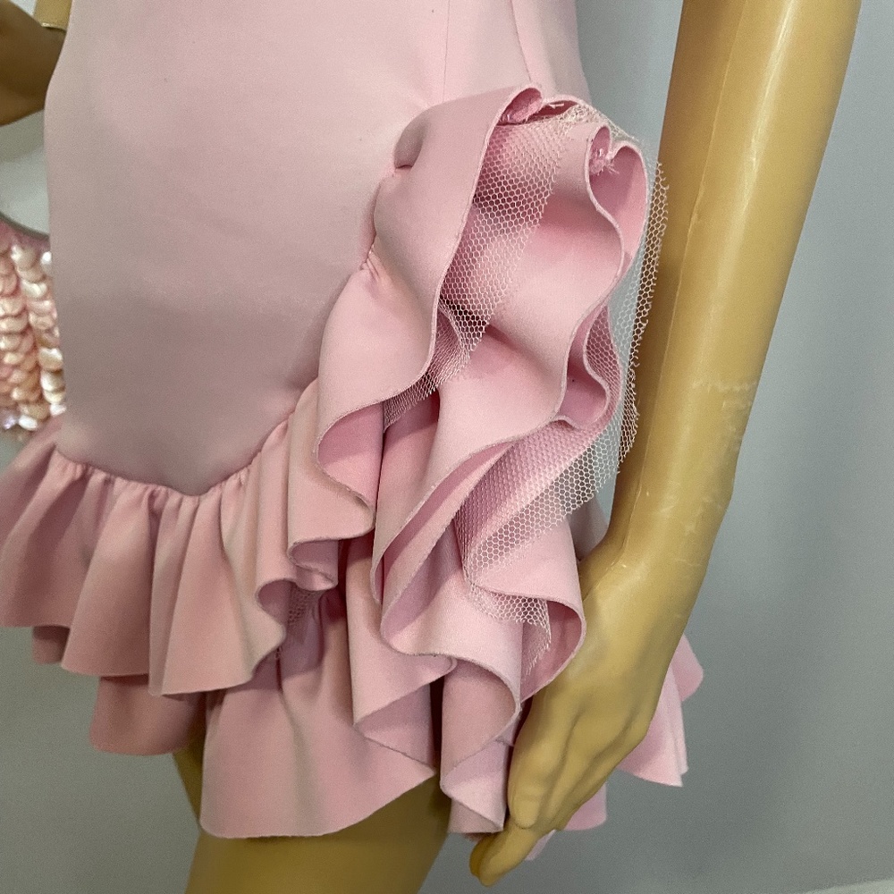 Baby pink off shoulder cutout twist fit flare mini dress w big ruffles and tulle - Picture 7 of 11